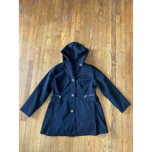 Dressbarn Hooded Jacket Coat Women's 14/16 Black Long Button Trench Dress Career